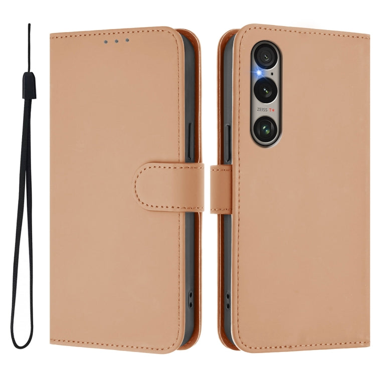For Sony Xperia 1 VI 2024 Skin Feel Solid Color Leather Phone Case with Lanyard