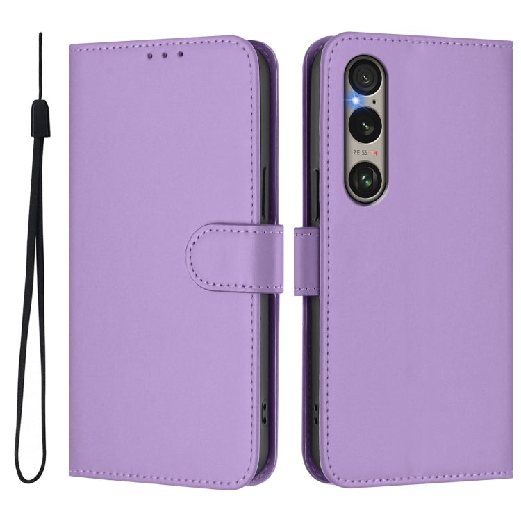 For Sony Xperia 1 VI 2024 Skin Feel Solid Color Leather Phone Case with Lanyard