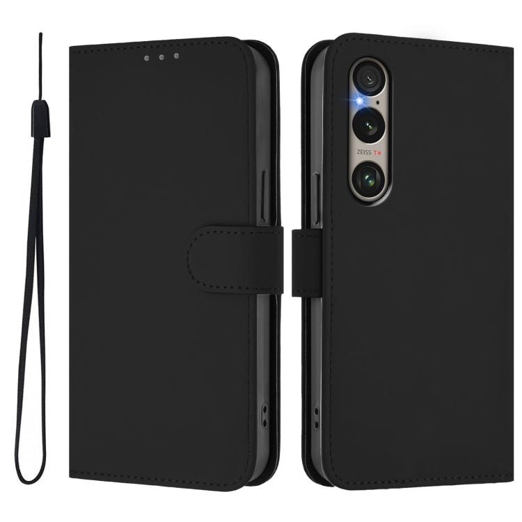 For Sony Xperia 1 VI 2024 Skin Feel Solid Color Leather Phone Case with Lanyard