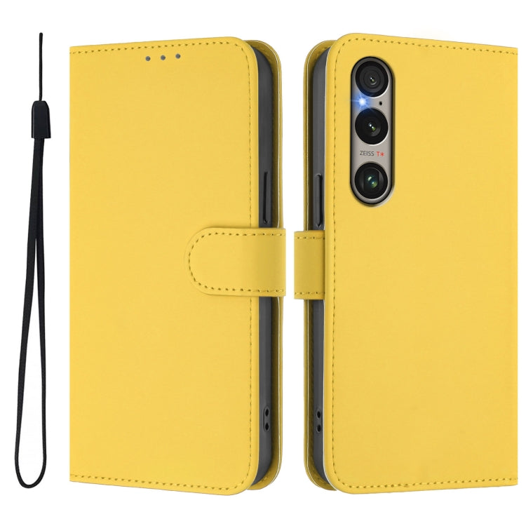 For Sony Xperia 1 VI 2024 Skin Feel Solid Color Leather Phone Case with Lanyard