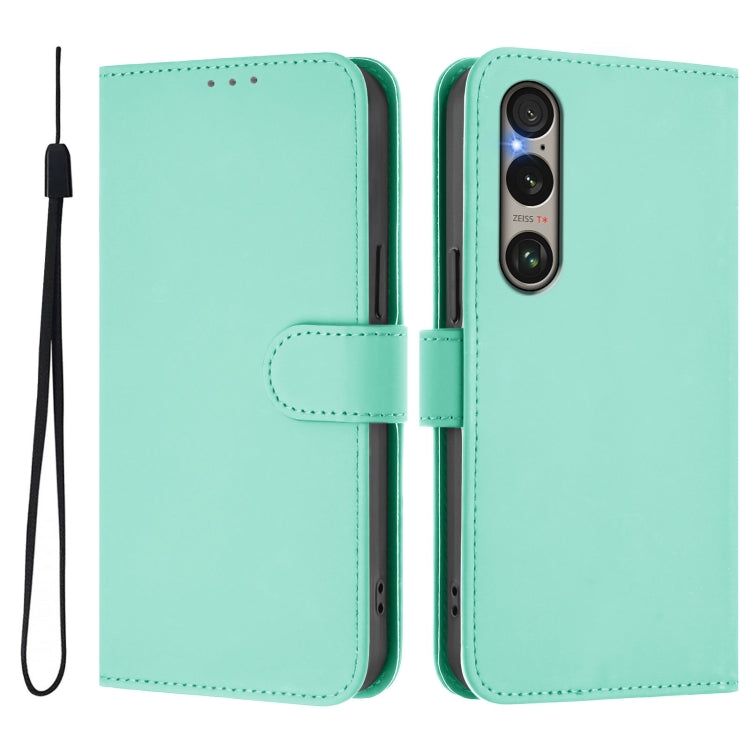 For Sony Xperia 1 VI 2024 Skin Feel Solid Color Leather Phone Case with Lanyard