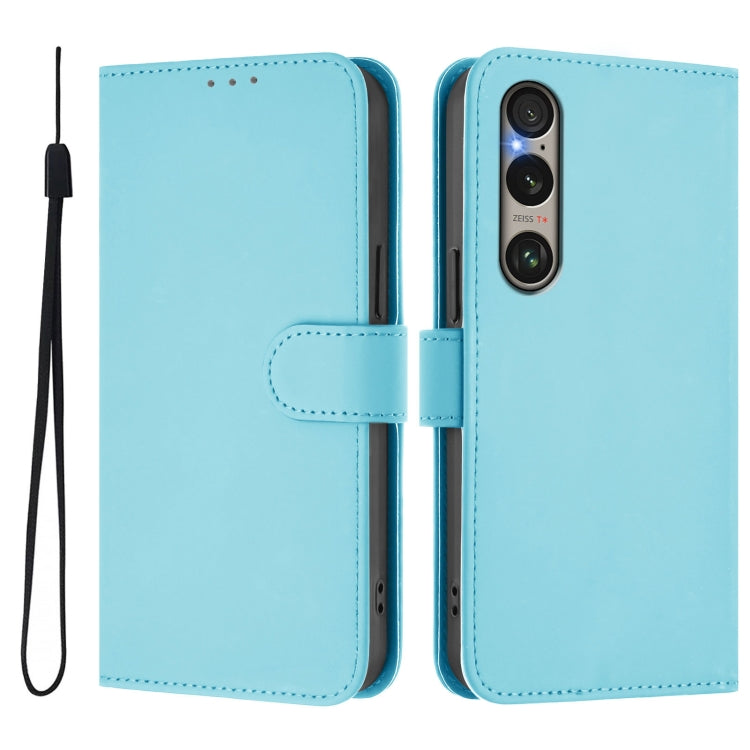 For Sony Xperia 1 VI 2024 Skin Feel Solid Color Leather Phone Case with Lanyard