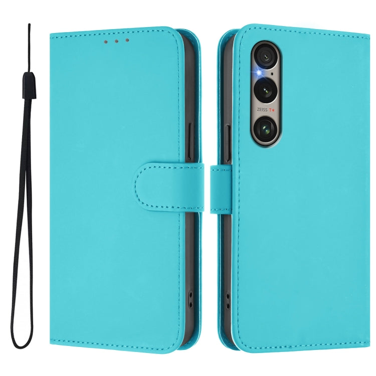 For Sony Xperia 1 VI 2024 Skin Feel Solid Color Leather Phone Case with Lanyard
