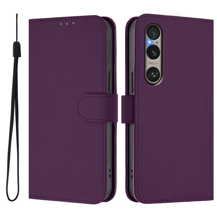 For Sony Xperia 1 VI 2024 Skin Feel Solid Color Leather Phone Case with Lanyard