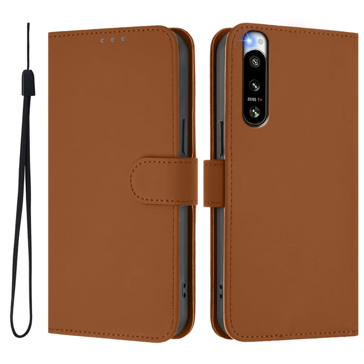 For Sony Xperia 5 IV Skin Feel Solid Color Leather Phone Case with Lanyard