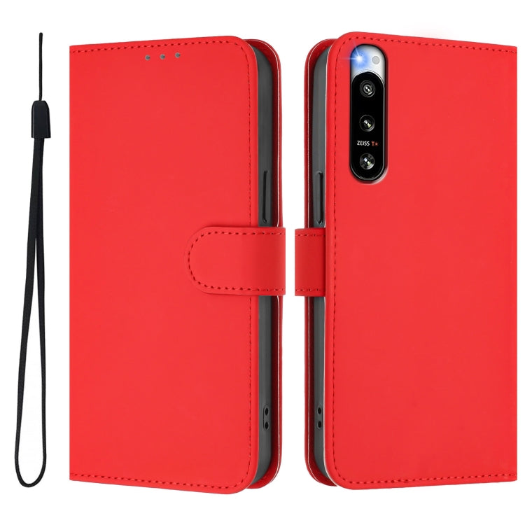 For Sony Xperia 5 IV Skin Feel Solid Color Leather Phone Case with Lanyard