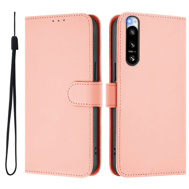 For Sony Xperia 5 IV Skin Feel Solid Color Leather Phone Case with Lanyard