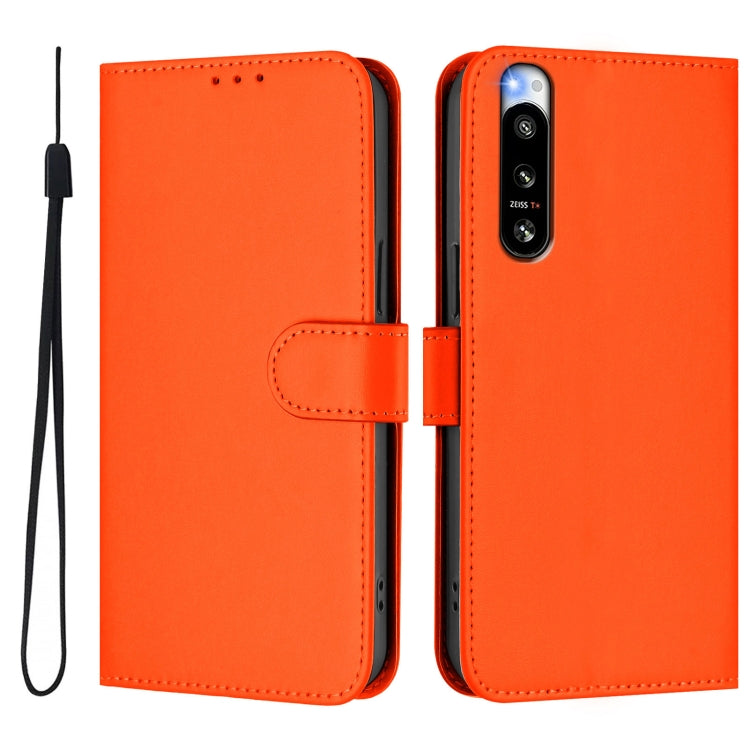 For Sony Xperia 5 IV Skin Feel Solid Color Leather Phone Case with Lanyard