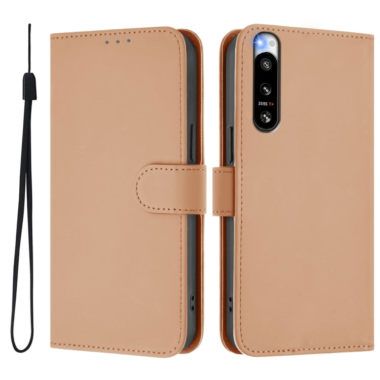 For Sony Xperia 5 IV Skin Feel Solid Color Leather Phone Case with Lanyard