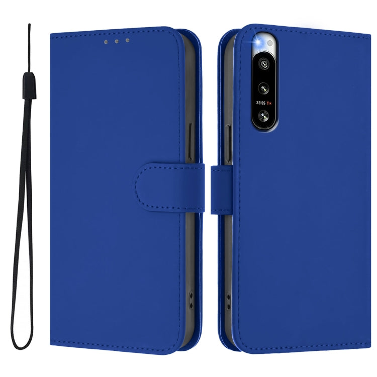 For Sony Xperia 5 IV Skin Feel Solid Color Leather Phone Case with Lanyard