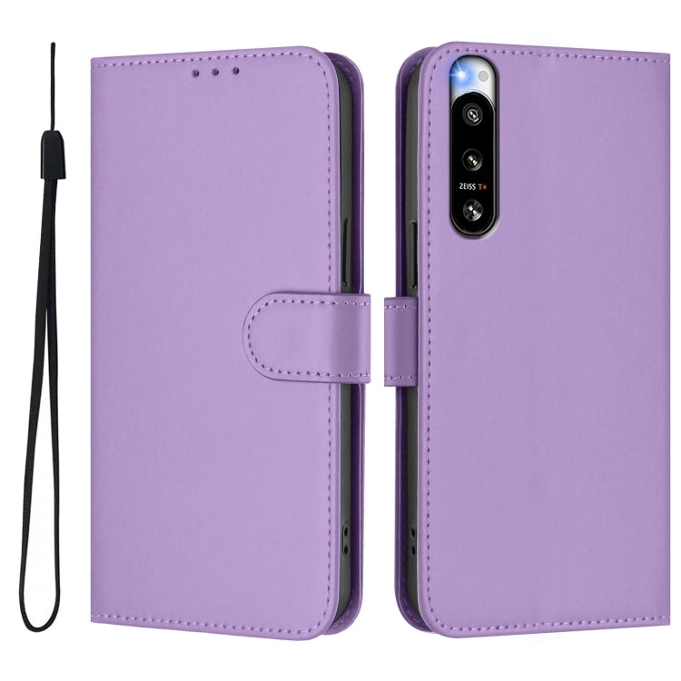 For Sony Xperia 5 IV Skin Feel Solid Color Leather Phone Case with Lanyard