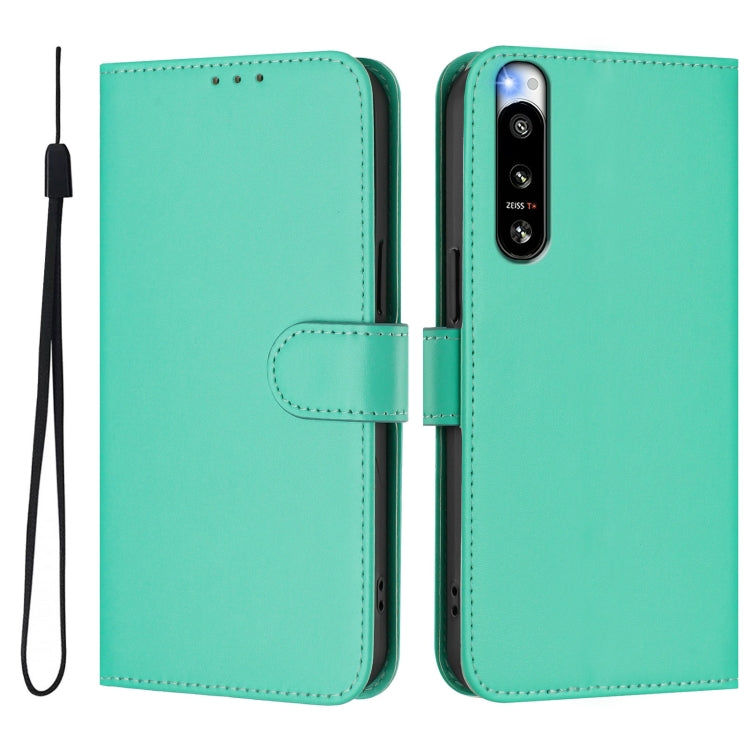 For Sony Xperia 5 IV Skin Feel Solid Color Leather Phone Case with Lanyard