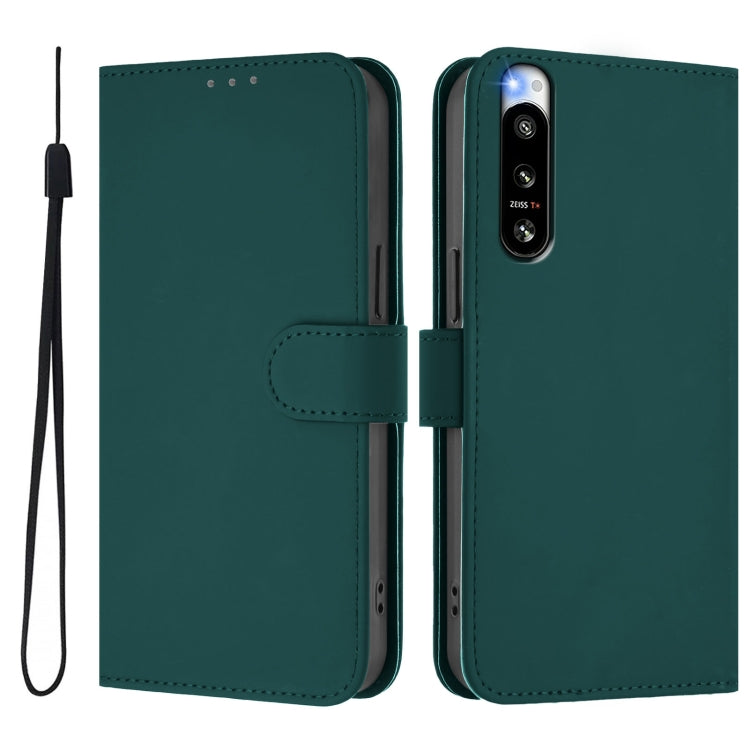 For Sony Xperia 5 IV Skin Feel Solid Color Leather Phone Case with Lanyard