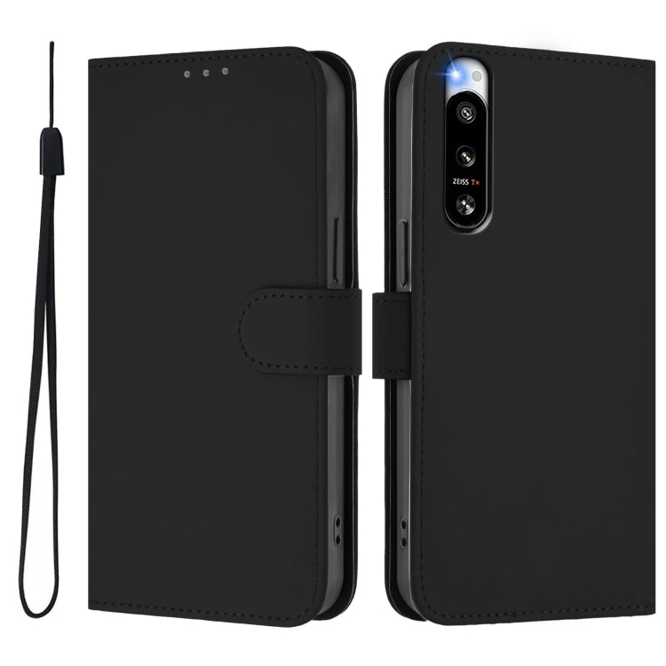 For Sony Xperia 5 IV Skin Feel Solid Color Leather Phone Case with Lanyard