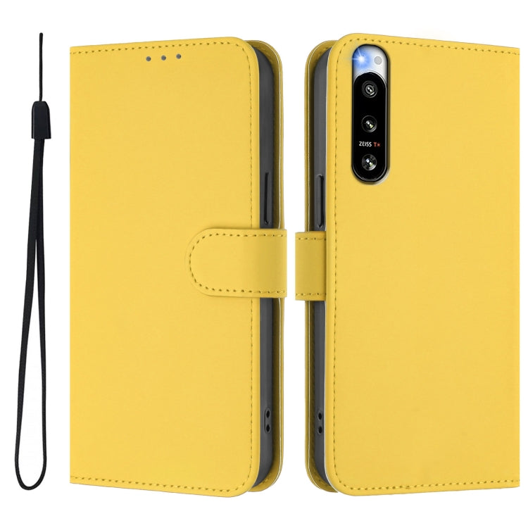 For Sony Xperia 5 IV Skin Feel Solid Color Leather Phone Case with Lanyard