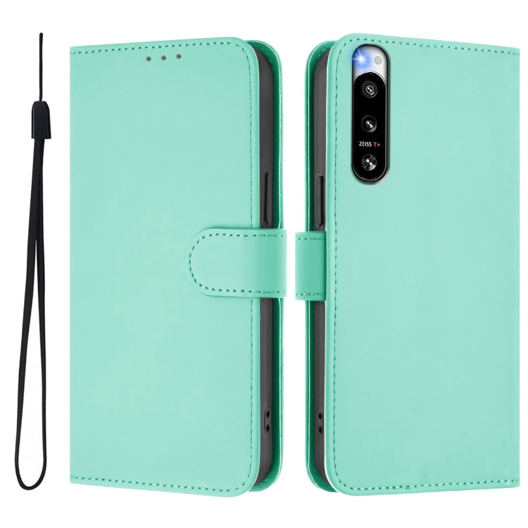 For Sony Xperia 5 IV Skin Feel Solid Color Leather Phone Case with Lanyard