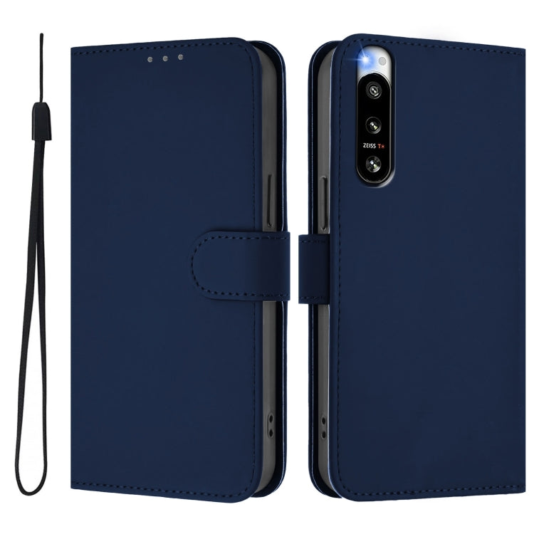 For Sony Xperia 5 IV Skin Feel Solid Color Leather Phone Case with Lanyard