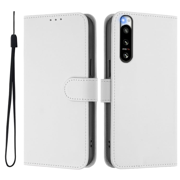 For Sony Xperia 5 IV Skin Feel Solid Color Leather Phone Case with Lanyard
