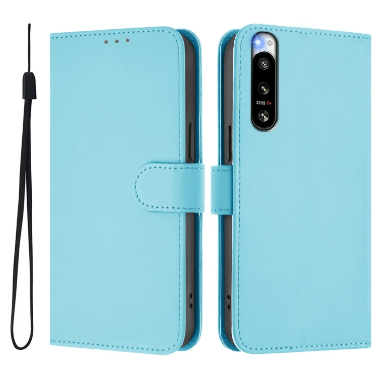 For Sony Xperia 5 IV Skin Feel Solid Color Leather Phone Case with Lanyard