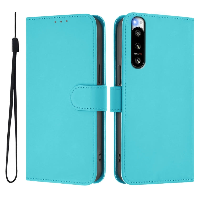 For Sony Xperia 5 IV Skin Feel Solid Color Leather Phone Case with Lanyard