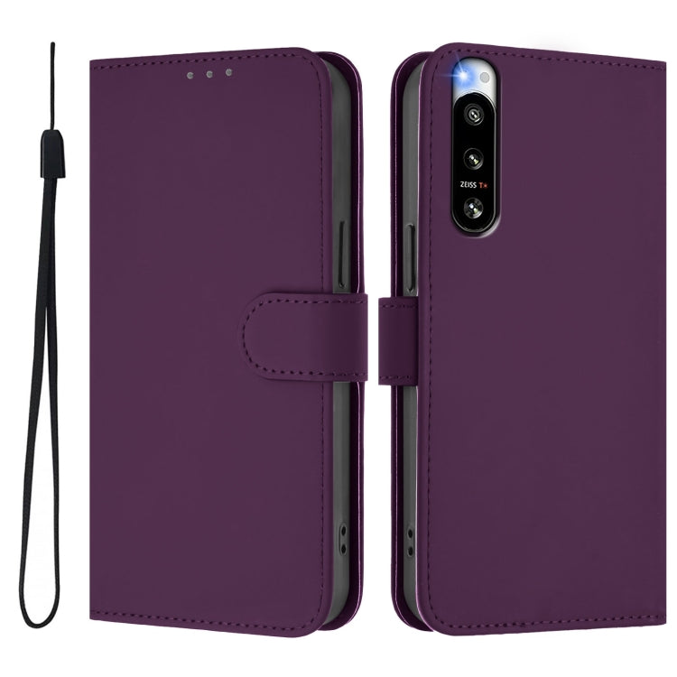 For Sony Xperia 5 IV Skin Feel Solid Color Leather Phone Case with Lanyard