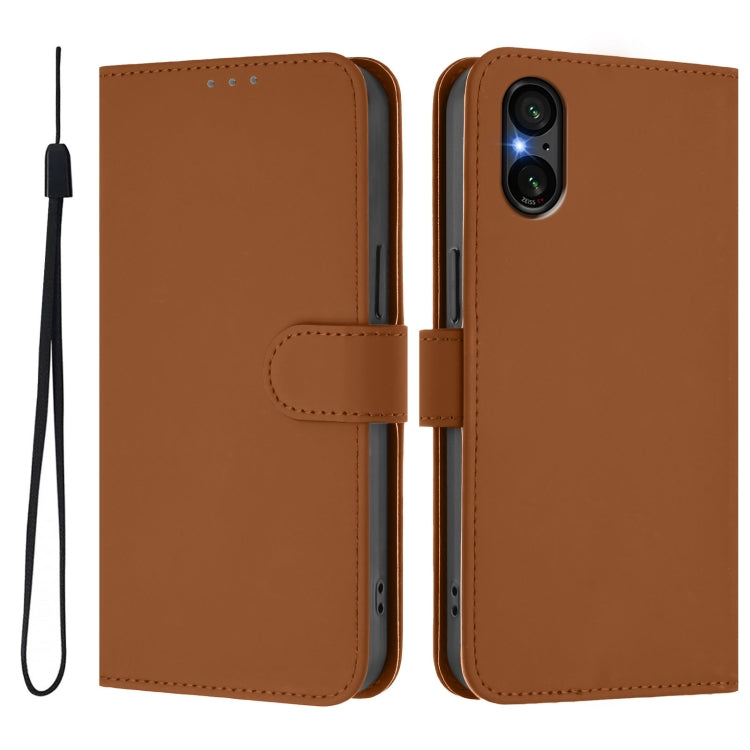 For Sony Xperia 5 V Skin Feel Solid Color Leather Phone Case with Lanyard