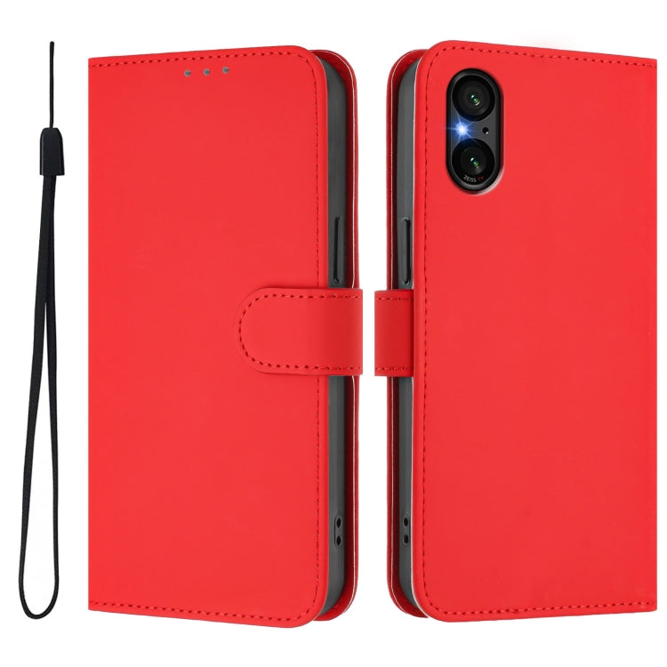 For Sony Xperia 5 V Skin Feel Solid Color Leather Phone Case with Lanyard