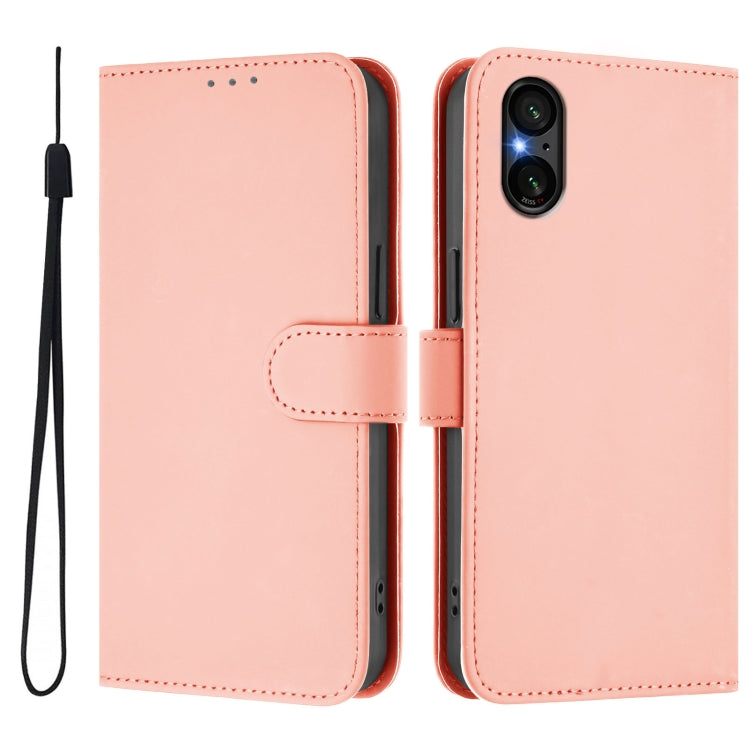 For Sony Xperia 5 V Skin Feel Solid Color Leather Phone Case with Lanyard