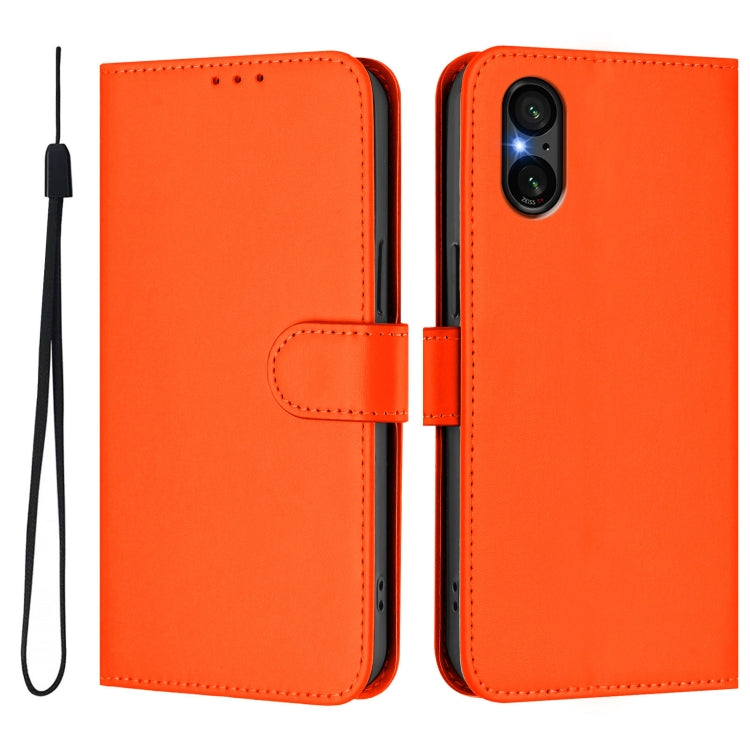 For Sony Xperia 5 V Skin Feel Solid Color Leather Phone Case with Lanyard