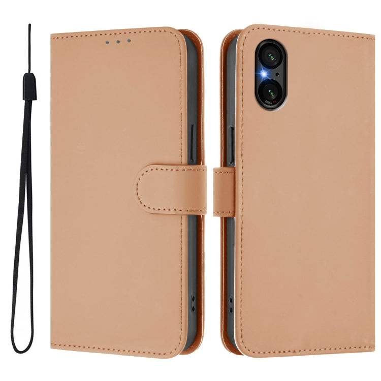 For Sony Xperia 5 V Skin Feel Solid Color Leather Phone Case with Lanyard