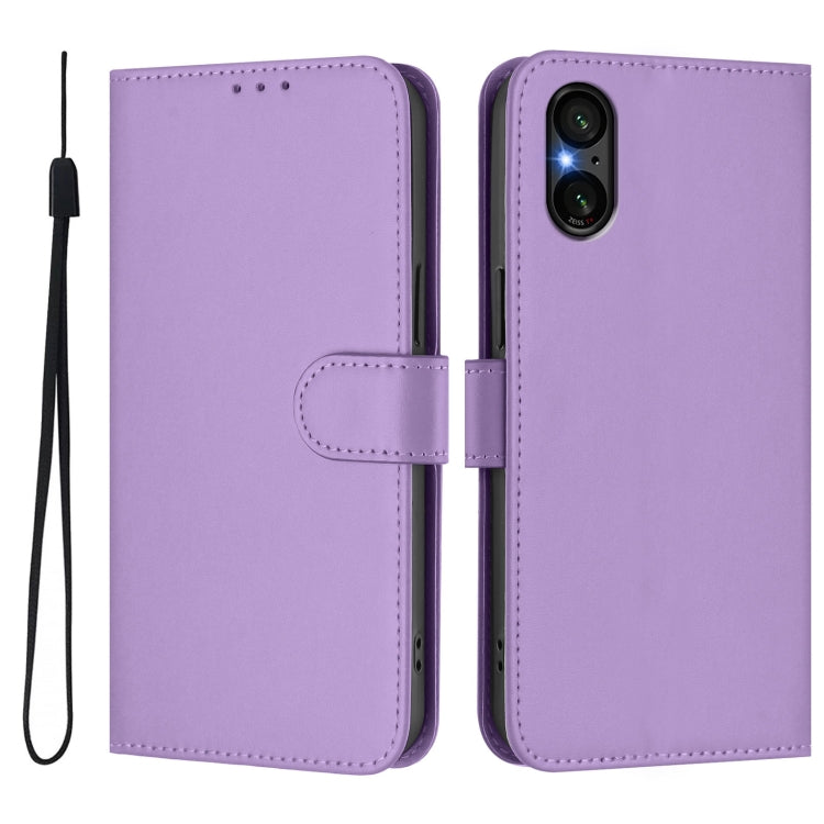 For Sony Xperia 5 V Skin Feel Solid Color Leather Phone Case with Lanyard