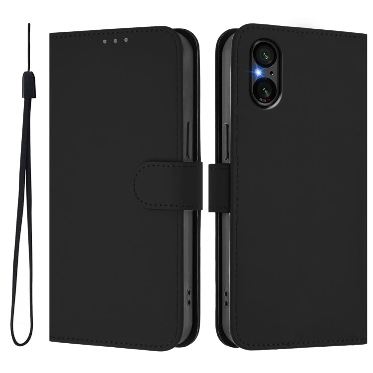 For Sony Xperia 5 V Skin Feel Solid Color Leather Phone Case with Lanyard