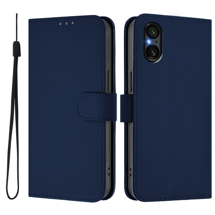 For Sony Xperia 5 V Skin Feel Solid Color Leather Phone Case with Lanyard