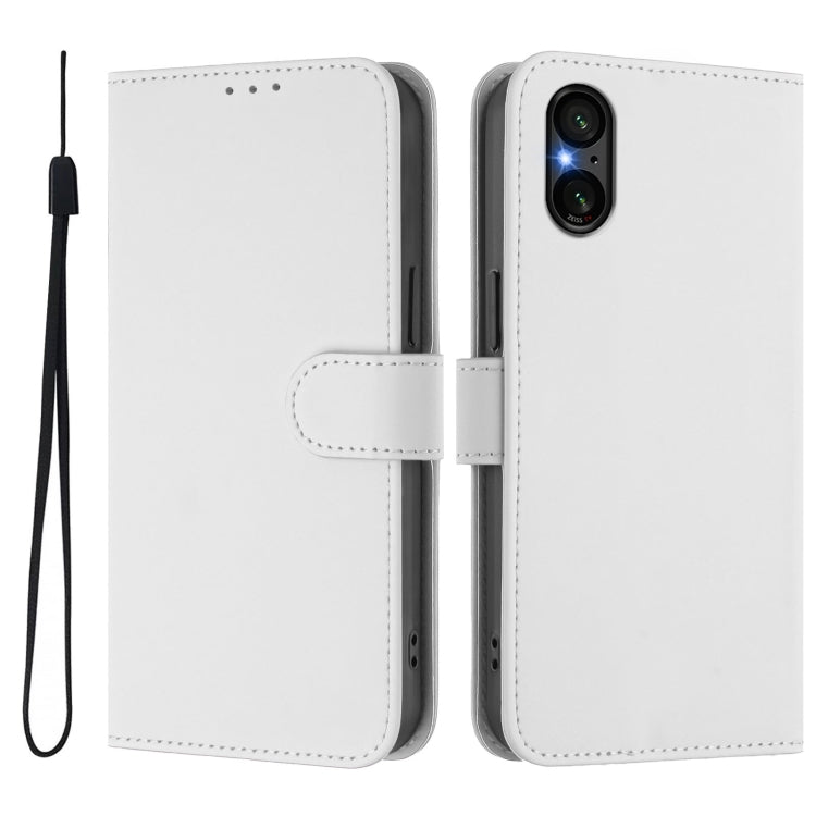 For Sony Xperia 5 V Skin Feel Solid Color Leather Phone Case with Lanyard