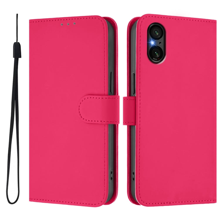 For Sony Xperia 5 V Skin Feel Solid Color Leather Phone Case with Lanyard