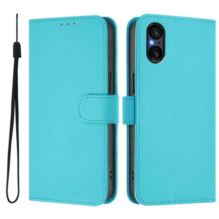 For Sony Xperia 5 V Skin Feel Solid Color Leather Phone Case with Lanyard