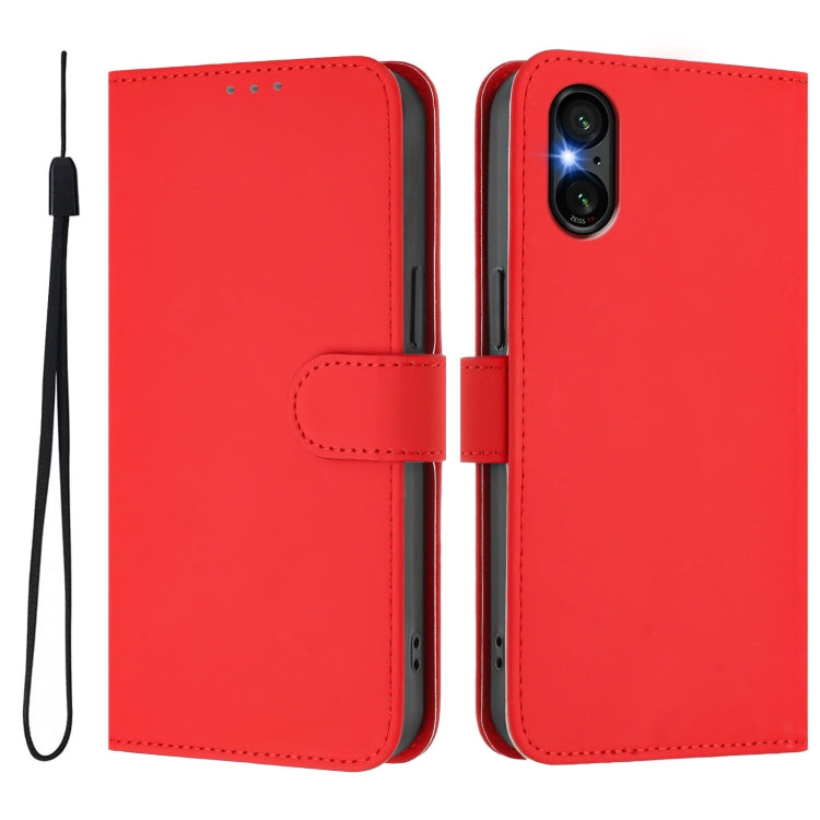 For Sony Xperia 5 VI 2024 Skin Feel Solid Color Leather Phone Case with Lanyard