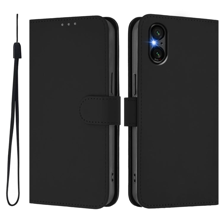 For Sony Xperia 5 VI 2024 Skin Feel Solid Color Leather Phone Case with Lanyard