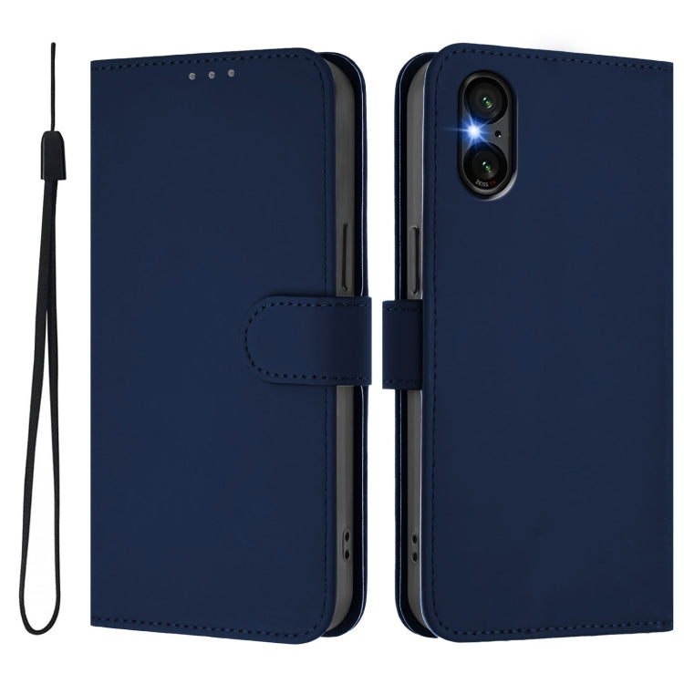 For Sony Xperia 5 VI 2024 Skin Feel Solid Color Leather Phone Case with Lanyard
