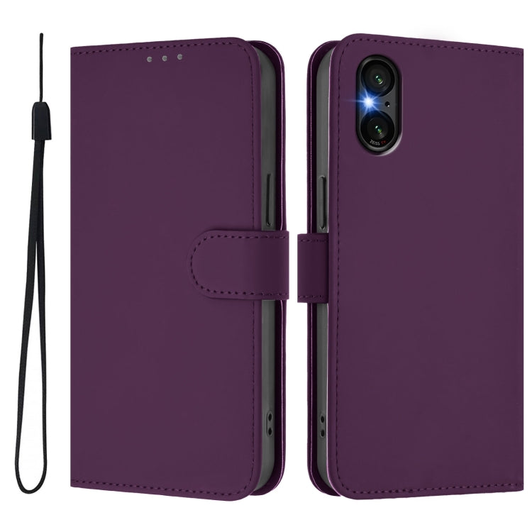 For Sony Xperia 5 VI 2024 Skin Feel Solid Color Leather Phone Case with Lanyard