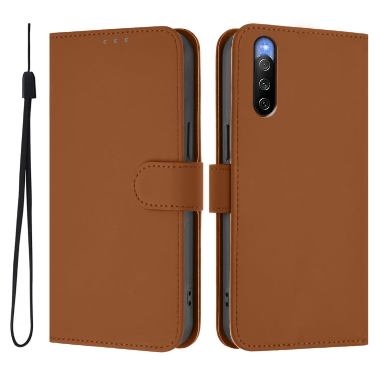 For Sony Xperia 10 V 2023 Skin Feel Solid Color Leather Phone Case with Lanyard