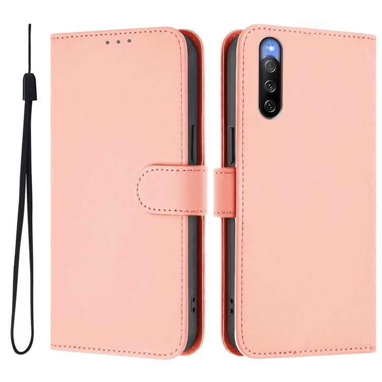 For Sony Xperia 10 V 2023 Skin Feel Solid Color Leather Phone Case with Lanyard