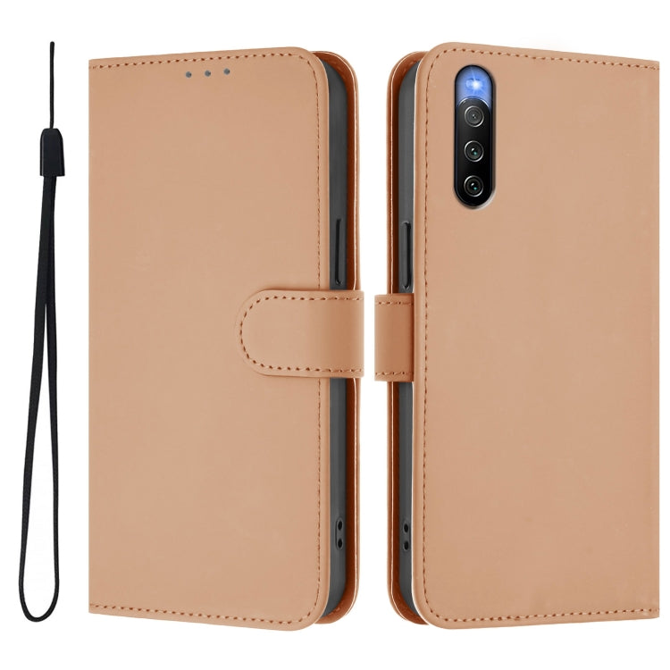 For Sony Xperia 10 V 2023 Skin Feel Solid Color Leather Phone Case with Lanyard
