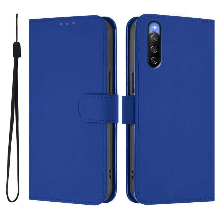 For Sony Xperia 10 V 2023 Skin Feel Solid Color Leather Phone Case with Lanyard