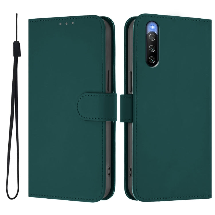 For Sony Xperia 10 V 2023 Skin Feel Solid Color Leather Phone Case with Lanyard