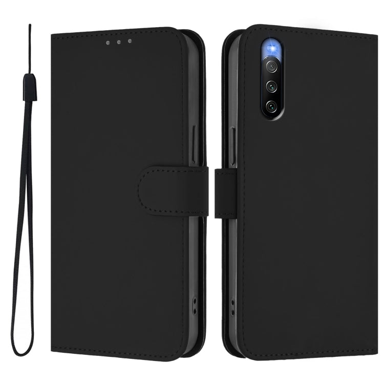 For Sony Xperia 10 V 2023 Skin Feel Solid Color Leather Phone Case with Lanyard