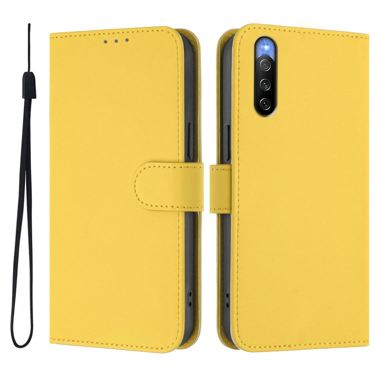 For Sony Xperia 10 V 2023 Skin Feel Solid Color Leather Phone Case with Lanyard