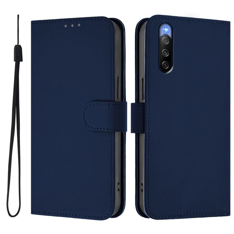 For Sony Xperia 10 V 2023 Skin Feel Solid Color Leather Phone Case with Lanyard