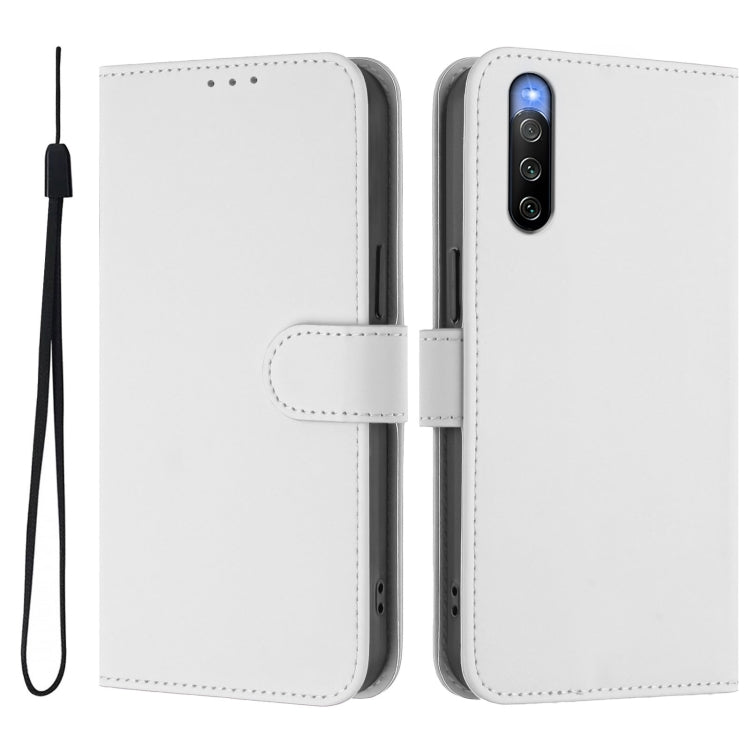 For Sony Xperia 10 V 2023 Skin Feel Solid Color Leather Phone Case with Lanyard