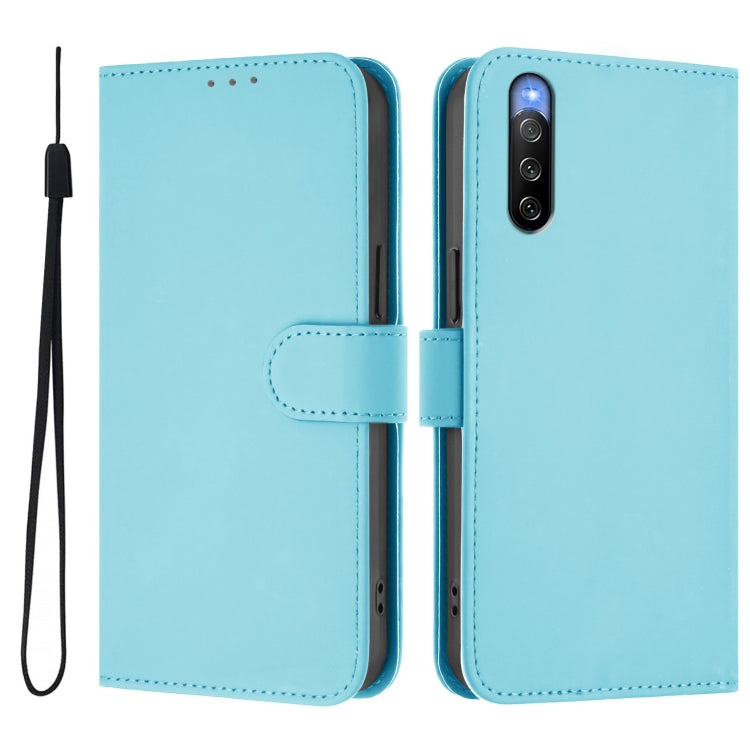 For Sony Xperia 10 V 2023 Skin Feel Solid Color Leather Phone Case with Lanyard